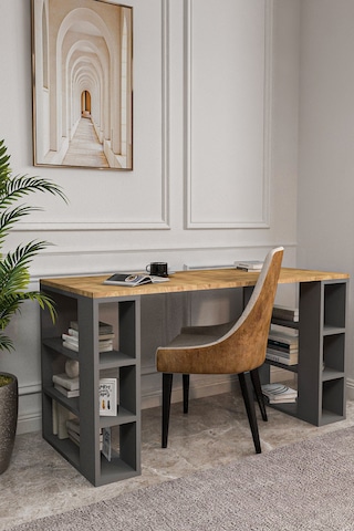 Dekoratif Çalışma Masası,6 Bölmeli Bilgisayar Masası,130cm Pc Masası, Çam - Antrasit