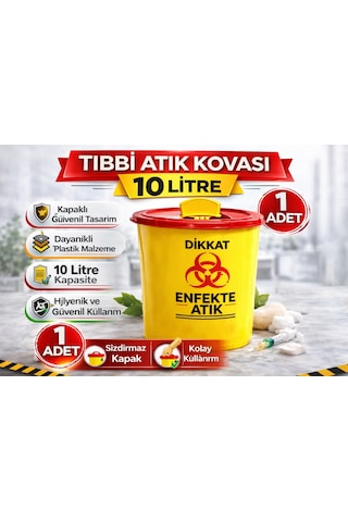 Tıbbi Atık Kovası 10 Litre 1 Adet Kapaklı Tıbbi Atık Kutusu Enfekte Atık Kovası Siyah