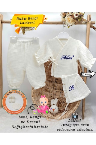 Gros Shop Yeni Doğan Müslin 3'li Kimono Bağcıklı Tulum %100 Pamuk Organik Kişiye Özgü İsimli Nakış Desenli Ekru