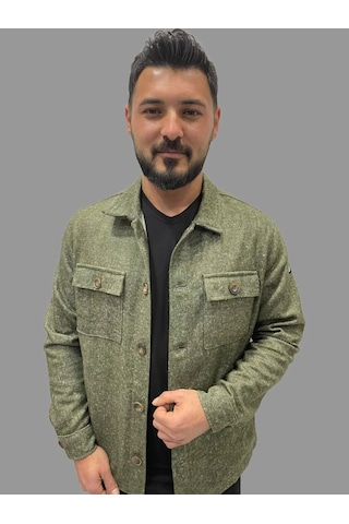 Erkek Cep Detaylı Kışlık Haki Kaşe Gömlek Haki