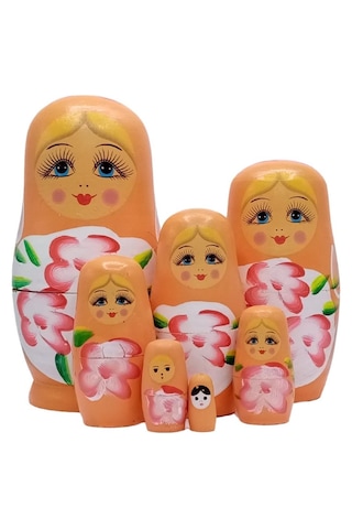 Mobgift Ahşap Tombul Iç Içe Matruşka Bebek 7li Set Turuncu