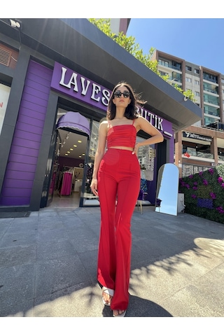 Lavessa Büzgülü İp Askılı Kırmızı Crop-131 Kırmızı