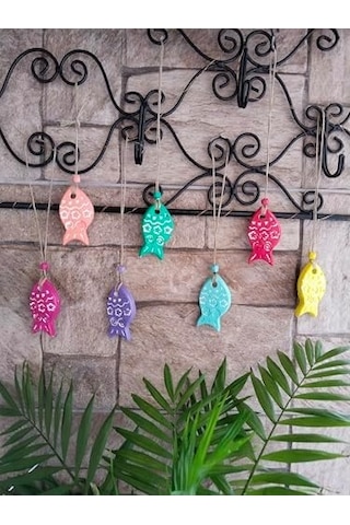Dekoratif Balık Figürlü Duvar Süsü, 7 Parça, Renkli El Boyaması, Bahçe Ve Balkon Süsleme 6 Cm 50 x 22