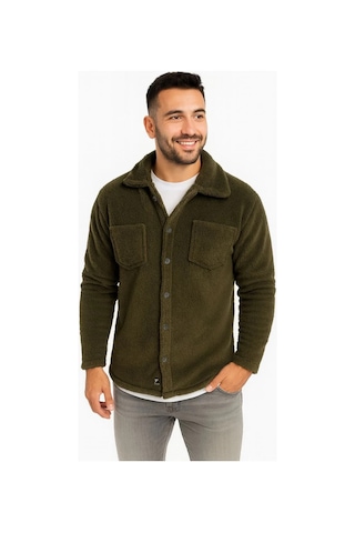 Erkek Pelüş Polar Hırka Gömlek Yakalı, İlik Düğmeli, Göğüs Cepli, Yumuşak Dokulu Kışlık Regular Fi Haki