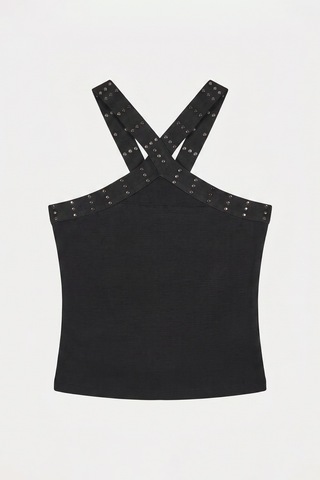 it's basic Kadın Siyah S6-1 Crop Parlak Taş Detaylı Boyundan Askılı Tasarım Body