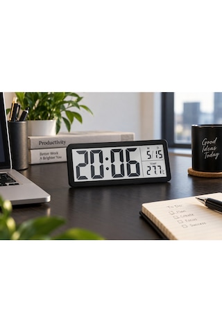 Kenly Dijital Masa Duvar Saati 20x8 Cm Büyük Lcd Ekran Tarih Sıcaklık Göstergeli Siyah