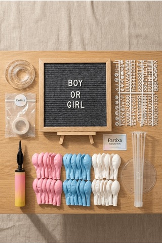 Gender Reveal Cinsiyet Partisi Süsleme Deluxe Set Kız Mı Erkek Mi Koyu Gri Keçe Yazı Panosu Standlı Pompa Balon Zincirli 7 Li Şeffaf Balon Standlı Tüm Yaşlar