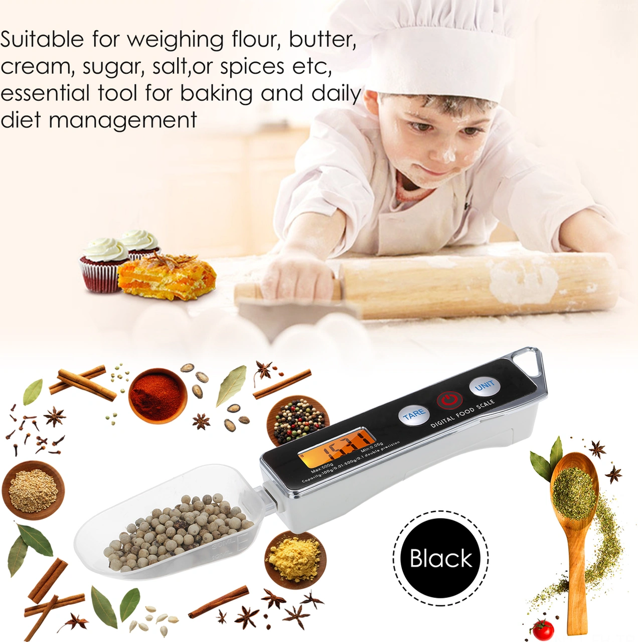 Folinda Ev Kullanıma Dijital Ölçüm Kaşığı, Hamur Şeker Tuz Hassas Ağırlık Ölçer, 0.05g-500g Aralığı, 30ml Ve 80ml İki Kaşık, Siyah Pil Dahil Değil Siyah