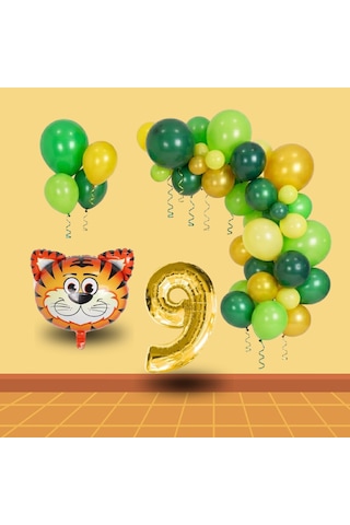 9 Yaş Safari Temalı Folyo Kaplan Yeşil Sarı Gold Balonlar Gold Rakam Doğum Günü Süsü Sarı - Yeşil