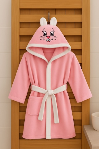 Kielly Pamuklu Kapüşonu Pembe Desenli Çocuk Bornozu Açık Pembe