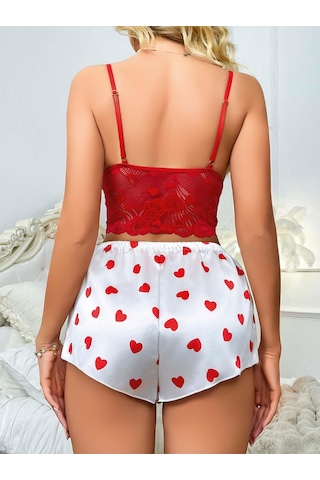 Motto10 Butik Kadın Kırmızı Kalp Desenli Şort Askılı Dantel Üst Pijama Takımı 2218