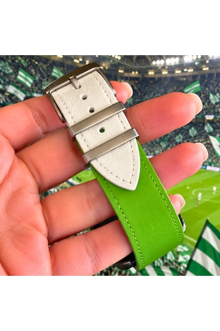 Goldoni Apple Watch Uyumlu Yeşil Beyaz İnce Hakiki Deri Taraftar Kordonu Metal Köprülü