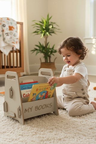 Montessori Ahşap Çocuk Kitaplığı Gri Eğitici Ve Dekoratif Tasarım - Kitaplık Beyaz
