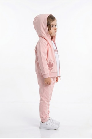 Toontoy Kids Toontoy Kız Çocuk 3'lü Eşofman Takımı Uzun Kollu Bisiklet Yaka Nakışlı T-shirt - Kapüşonlu Fermuarlı Hırka- Beli Paçası Lastikli Eşofman Altı 25041 Pudra