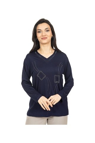 Kadın Orta Yaş Ve Üzeri Yeni Model V Yaka Taş İşlemeli Anne Penye Bluz 30560-lacivert