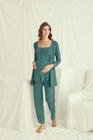 Monamise Kadın Dantelli Önü Düğmeli Hamile Lohusa 3'lü Pijama Takımı 18535-yeşil