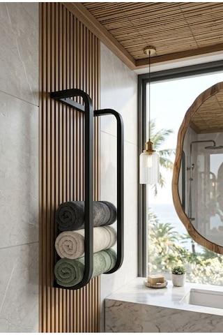 Banyo Havlu Rafı, Metal Büyük Havluluk, Vidalı Duvar Tipi Banyo Düzenleyici Siyah