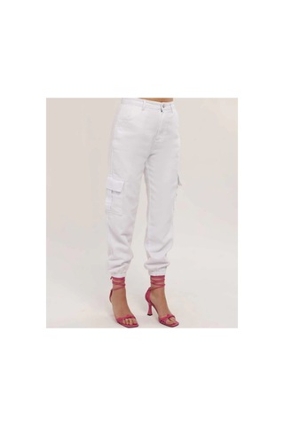 Kene Jeans Paça Lastik Kargo Cep Keten Mom Pantolon Beyaz