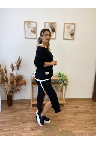 Kadın Uzun Kollu Tek Omuzu Açık Viskon Bluz Içi Atletli Ve Yandan Şeritli Üçlü Viskon Ikili Takım Siyah