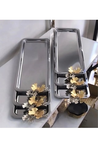 Paslanmaz Çelik 6 Adet Dikdörtgen Model Servis Ve Sunum Tepsisi Gümüş