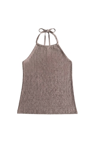 Cottonhıll Premium - Tide Collection Vizon Halter Yaka Boyundan Bağlamalı Bürümcük Dokulu Kadın Crop Bluz VİZON