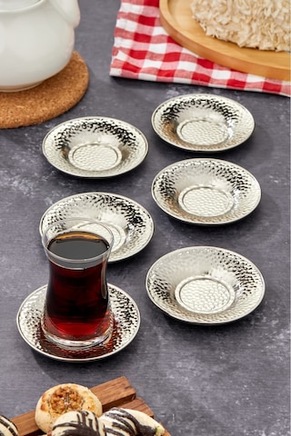 Cooker 6'lı Metal Dövme Desen Çay Tabağı Gümüş Ckr3578 Gümüş
