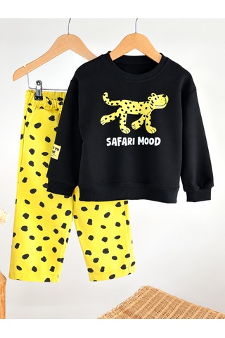 Elzo Collection Erkek Çocuk Safari Mood Yazılı Figür Detaylı Sweatshirt Gabardin Denim Kot Pantolon Alt Üst Takım Çok Renkli