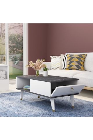 Delux Kapaklı Orta Sehpa Siyah Mermer-beyaz Siyah Mermer-beyaz