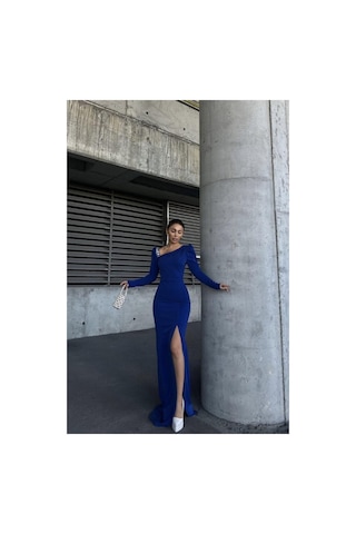 Lior Design Kadın Şık Model Kayık Yaka Taş Detaylı Uzun Kollu Abiye Elbise Saks