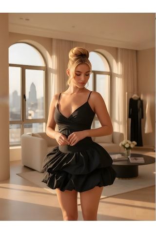 Kadın Balon Etekli Siyah Gece Elbisesi Siyah