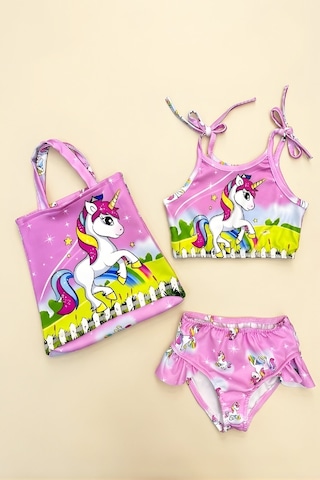 Modanino Kız Çocuk Çantalı 3'lü Mayo Takımı Çanta+mayo+bikini 3-10 Yaş 12586n Pembe