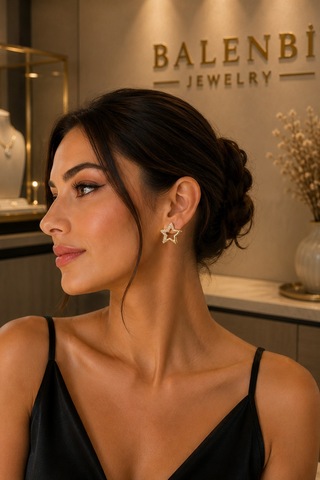 Balenbi Gold Renk Paslanmaz Çelik Yıldız Figürlü Zirkon Taşlı Küpe 1043 Altın