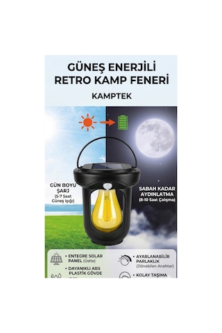 Kamptek Güneş Enerjili Solar Kamp Dış Mekan Bahçe Kapı Feneri - Askılı Nostaljik Filaman Led Kamp Lambası Siyah