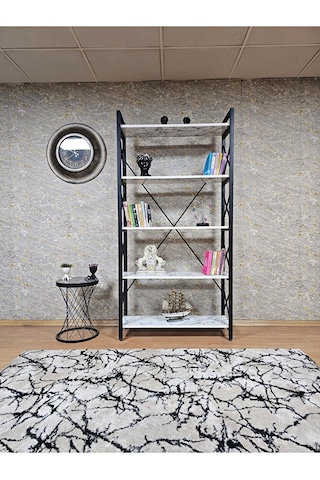 Siyah Boyalı Kitaplık - 5 Raflı Suntalem Lüks Kitaplık Beyaz Merm Çok Renkli