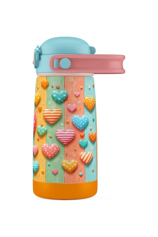 Puccon 420 Ml Kız Çocuklar İçin Paslanmaz Çelik Okul Matarası - 60014 - Kalp Desenli - Pastel Renkli Turkuaz - Pembe