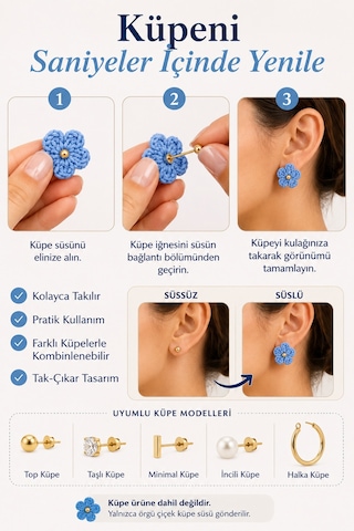 Çiçek Papatya Küpe Süsü Tak Çıkar Küpe Aksesuarı Mavi