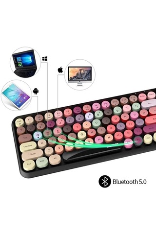 308i Bluetooth Klavye 84 Tuşlu Kablosuz Gaming Vintage Klavye Çok Renkli Daktilo Tarzı Tuşlar
