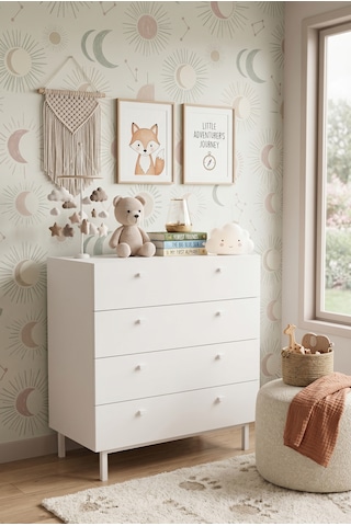 Robinhome Bebek Odası Çocuk Odası Geniş Şifonyer 4 Çekmeceli Ahşap Ayaklı Beyaz