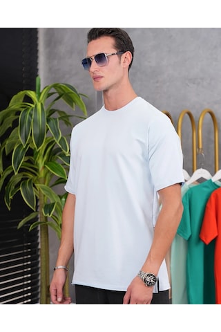 Modefendi Pamuk Likra Yırtmaç Detaylı 2 İplik Oversize Tshirt Buz Mavi