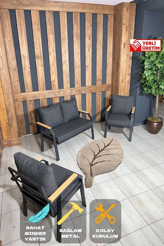 Ard & Garden 211 Antrasit Fermuarlı Balkon Bahçe Takımı, Cafe, Salon - Metal Kanepe Koltuk Takım Antrasit