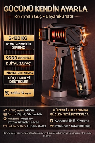 Valkyrie Ayarlanabilir El Kavrama Aleti 20 120 Kg Dijital Sayaçlı Profesyonel Ön Kol & Bilek Güçlendirici Siyah