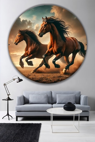 Koşan Asil Atlar Temalı Yuvarlak Dekoratif Duvar Tablosu Modern Salon Ve Ofis Dekoratif Cam Tablo Hayvan Figürlü Dekoratif Duvar Tablosu, Salon, Ofis Ve Çalışma Alanı Dekoru, 80x80 Cm