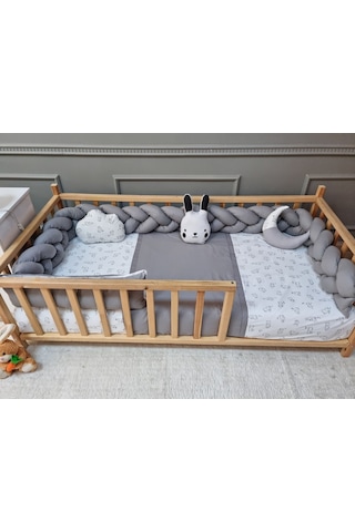 Montessori Beşik Uyku Seti - Örgü Kenar Gri Koruma Seti