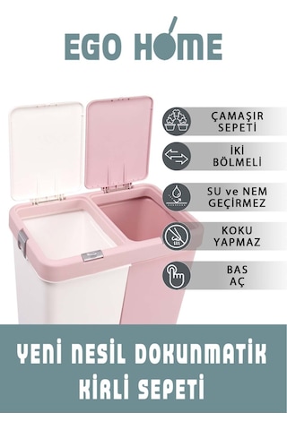 Pembe-beyaz Mote Ikili Dokunmatik Kirli Çamaşır Sepeti 2 Bölmeli Dokunmatik Kapak 80lt,