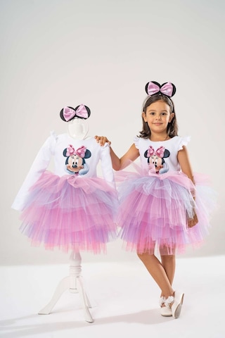 YAĞMUR KOStütüM Taç Hediyeli Minnie Temalı Kız Çocuk Beyaz Uzun Kollu Doğum Günü Elbisesi & Parti Kostümü Karışık Renkli