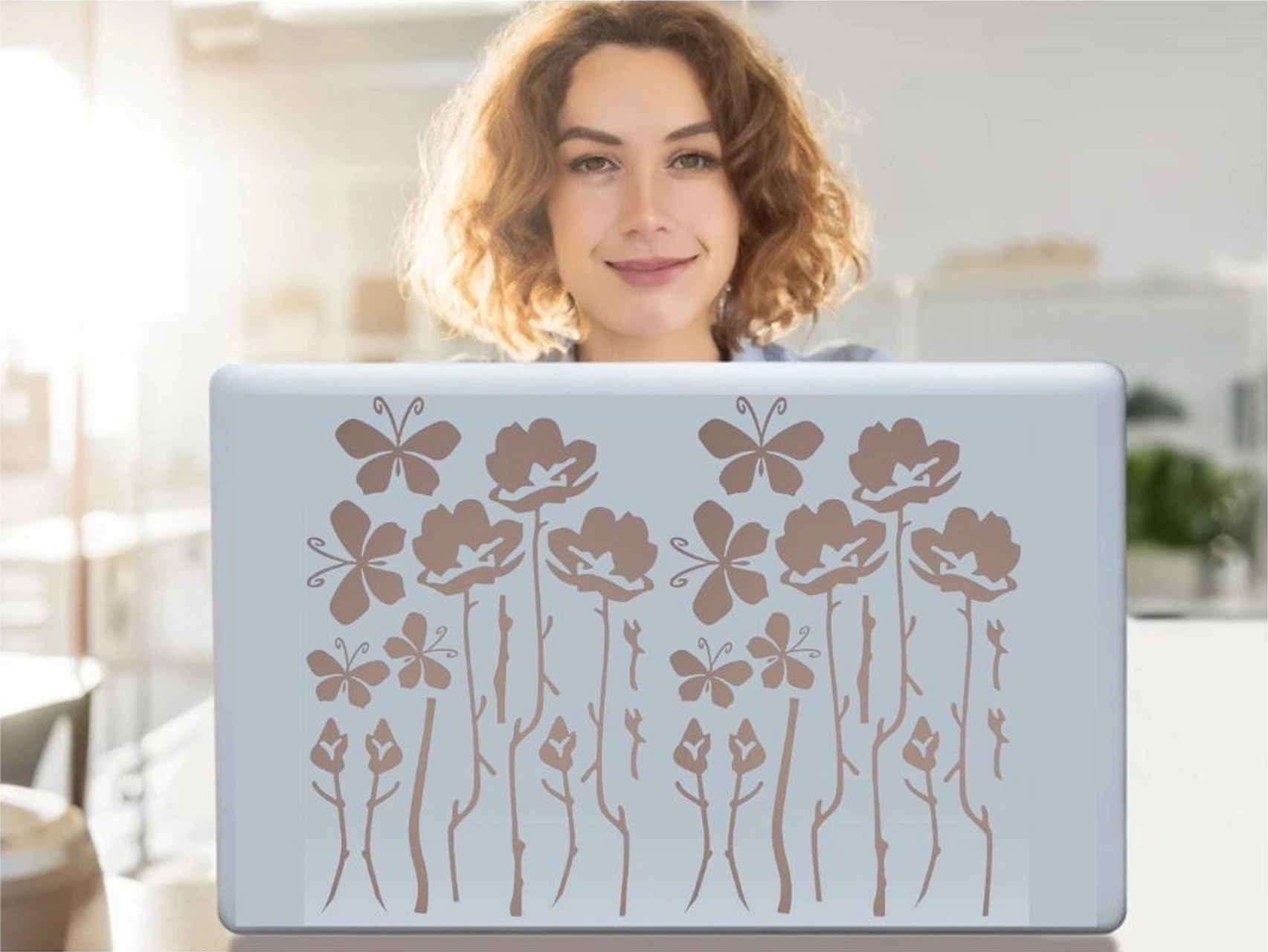 2 Adet Defter Sticker,laptop Sticker Gri Çiçekli Pvc 48x33x0,5cm