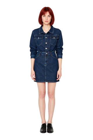 Ersefa Kadın Uzun Kollu Denim Mini Elbise Gömlek Yaka Bodycon Kalıp Mode Mavi