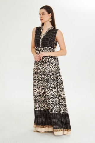 Etnik Desen Bohem Tam Boy Kolsuz Elbise Bej Acı Kahverengi