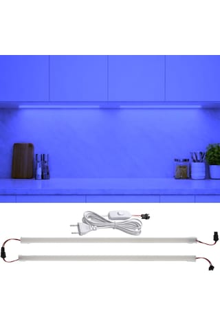 2 Adet 1 Metre Yüksek Lümen Beyaz Işık Şerit Led Bar 220v Opak, Butonlu Fişli, Mutfak Dolap Altı Mavi-Opak