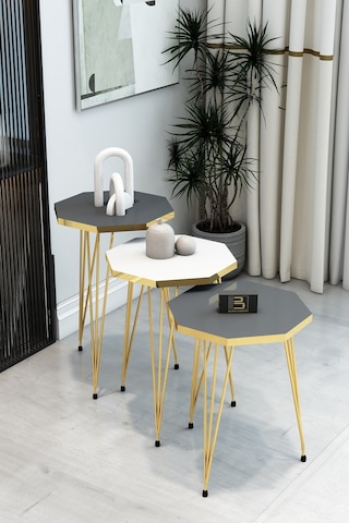 3'lü Sekizgen Zigon Sehpa Seti - Gold Metal Ayaklı, Modern & Şık Yan Sehpa, Dayanıklı Salon Ofis Beyaz Antrasit